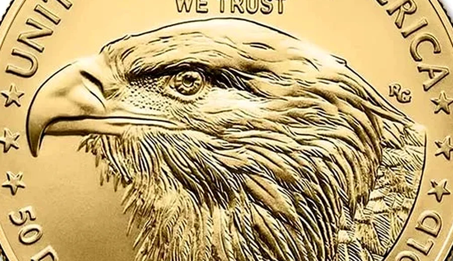 Gold American Eagle Type 2 eagle portrait feather detail