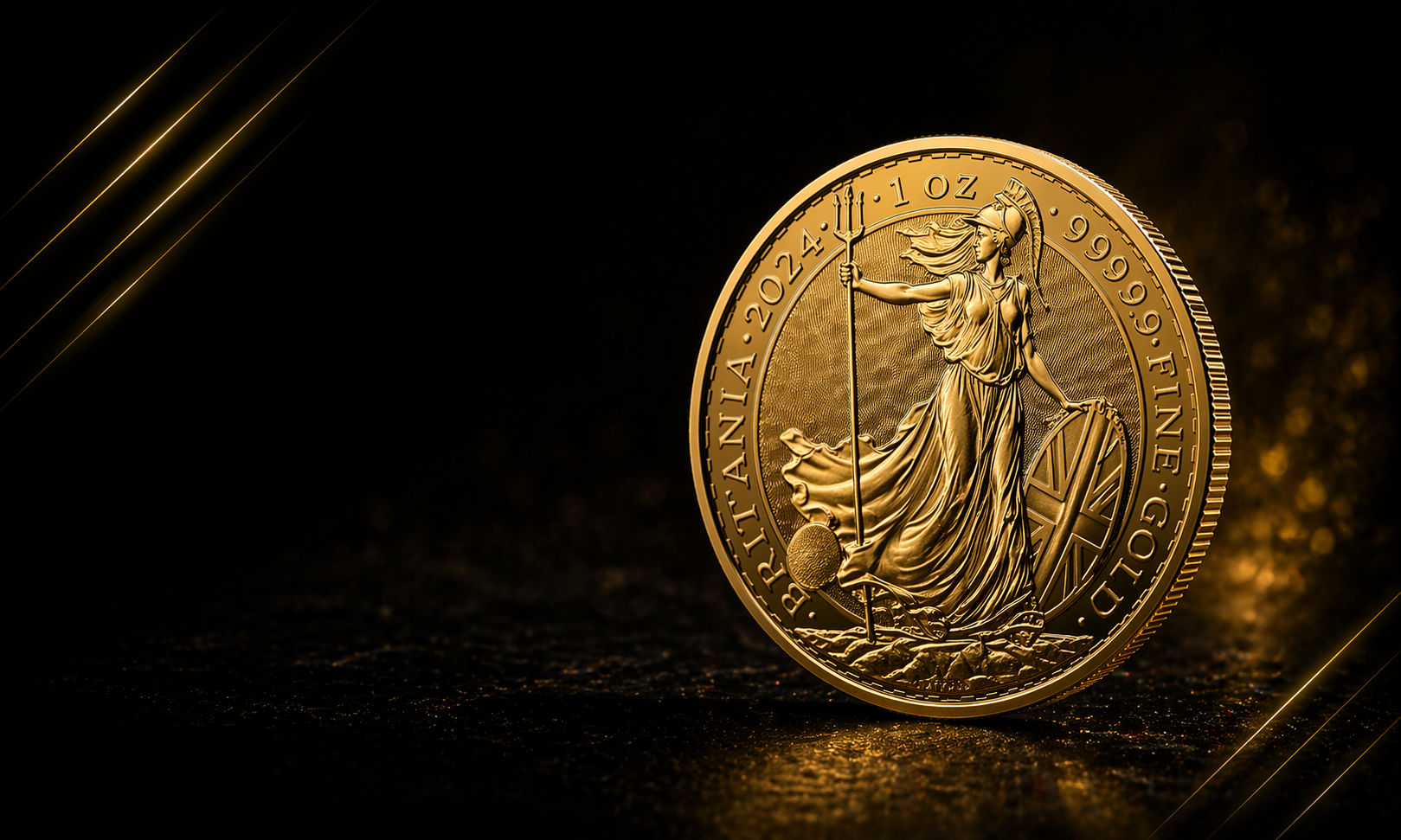 Gold Britannia coin on a dark black and gold background