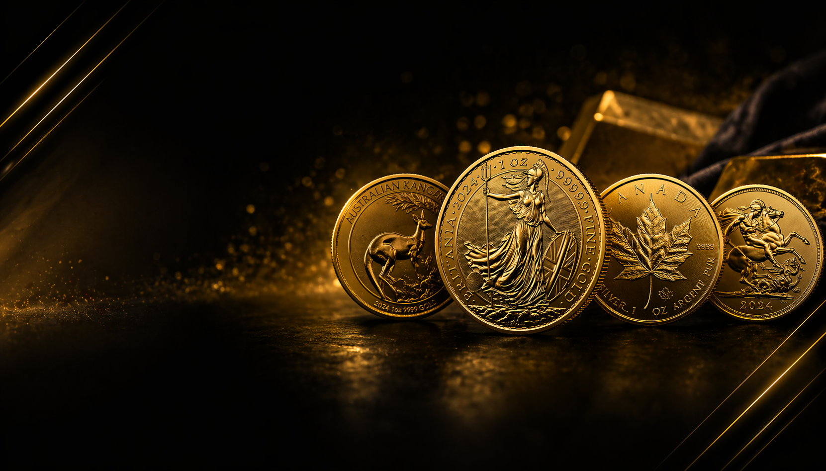 Gold bullion coins on a premium dark background