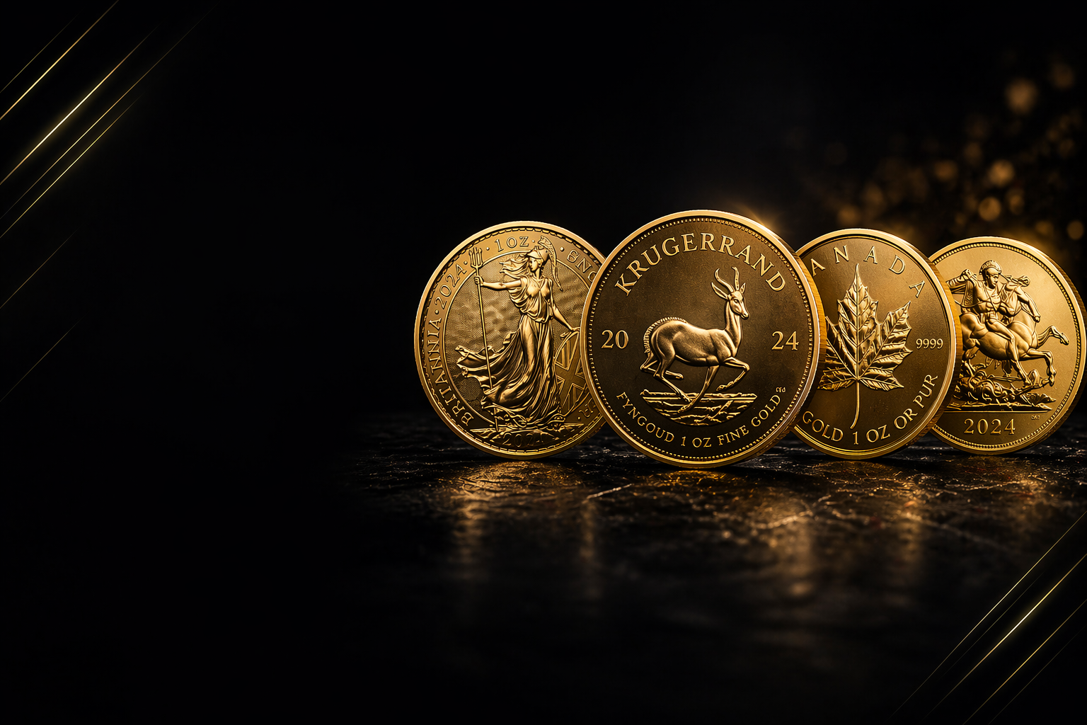 Gold bullion coins on a premium black and gold background