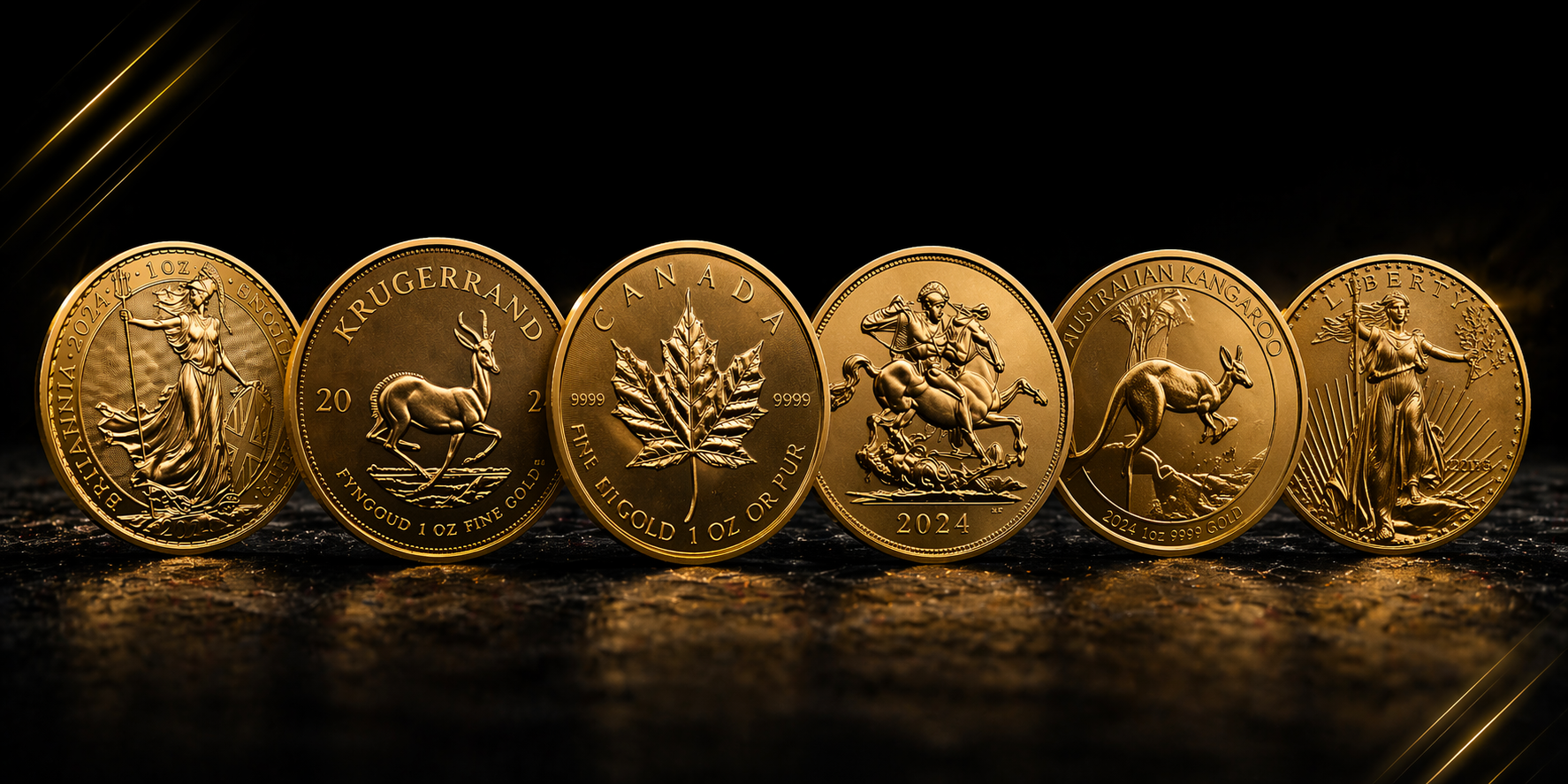 Lineup of popular gold bullion coins on a black and gold background