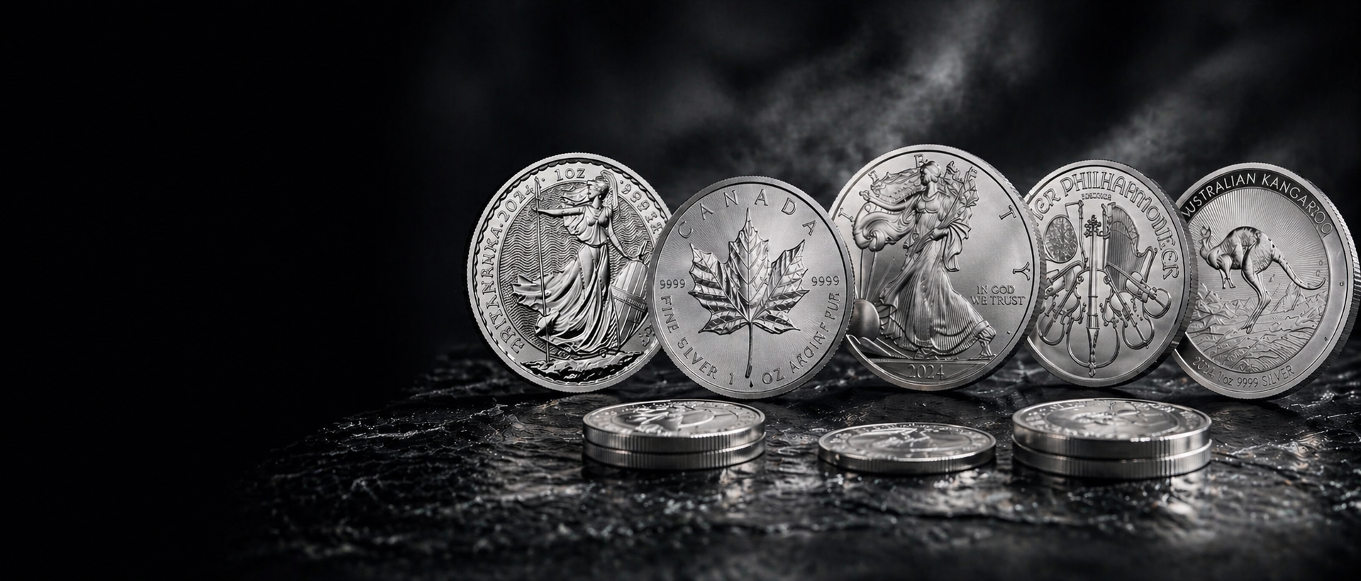 Silver bullion coins on a premium black and silver background