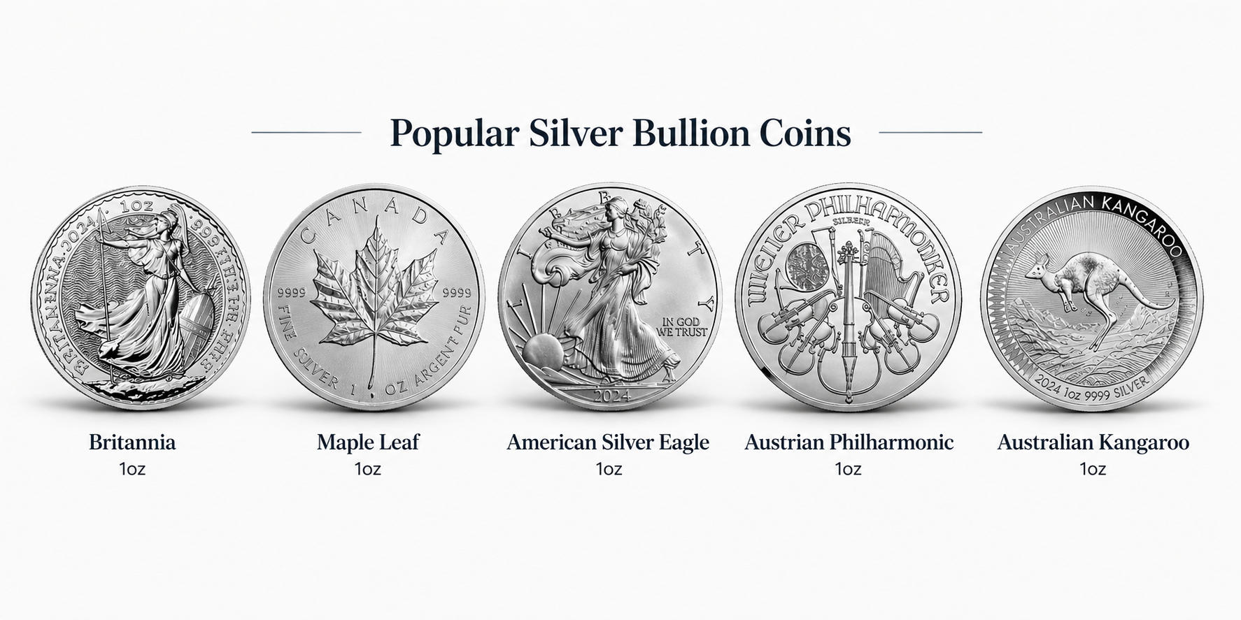 Popular silver bullion coins including Britannia, Maple Leaf, American Silver Eagle, Philharmonic and Kangaroo